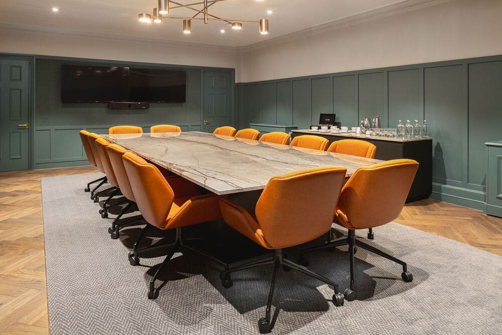 Boardroom meeting room with refreshments and tv