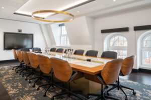Audley Room meeting room with refreshments and tv